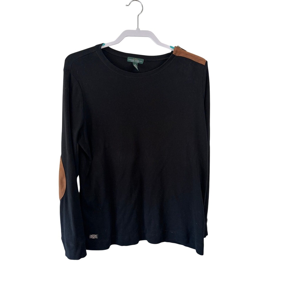 Lauren Ralph Lauren Black Long Sleeve Top Suede Elbow Patch Zipper Shoulder 1X